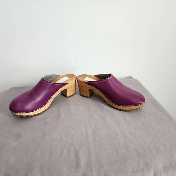 Handmade in Europe Purple Leather Wooden Clogs Mules Platform Shoes Size 41 - Picture 7 of 7